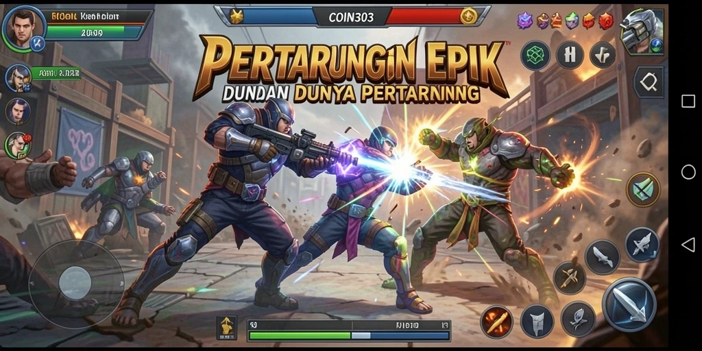 Tangkapan layar utama COIN303 menampilkan pertarungan seru antara dua karakter.
