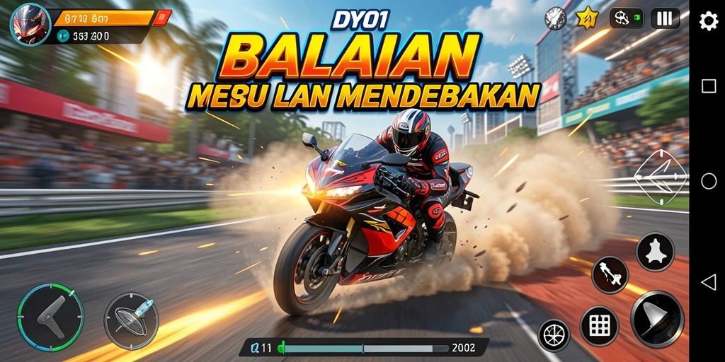 Screenshot gameplay DY01 dengan aksi balapan motor yang mendebarkan.