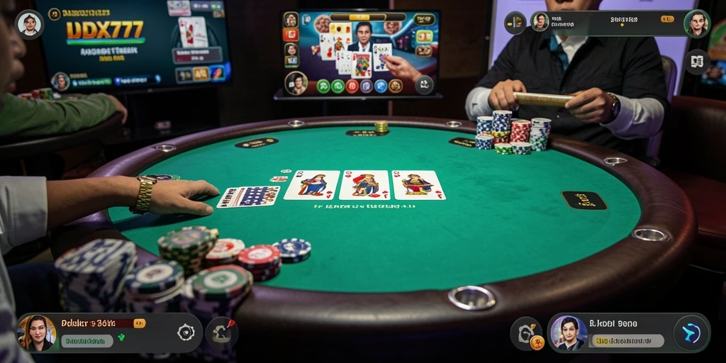 Screenshot gameplay IDX777 menampilkan aksi Poker yang seru dan mendebarkan.