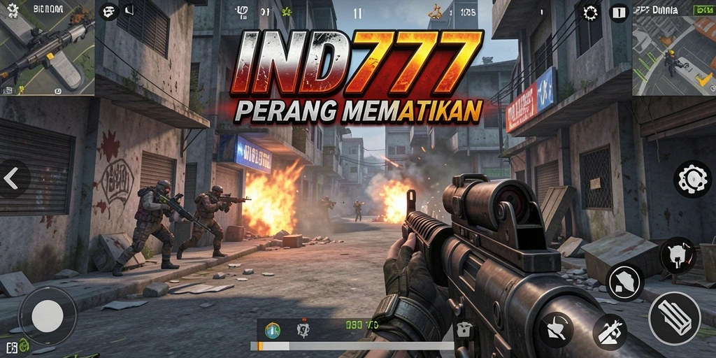 Screenshot utama IND777 menampilkan aksi intens dalam permainan FPS.