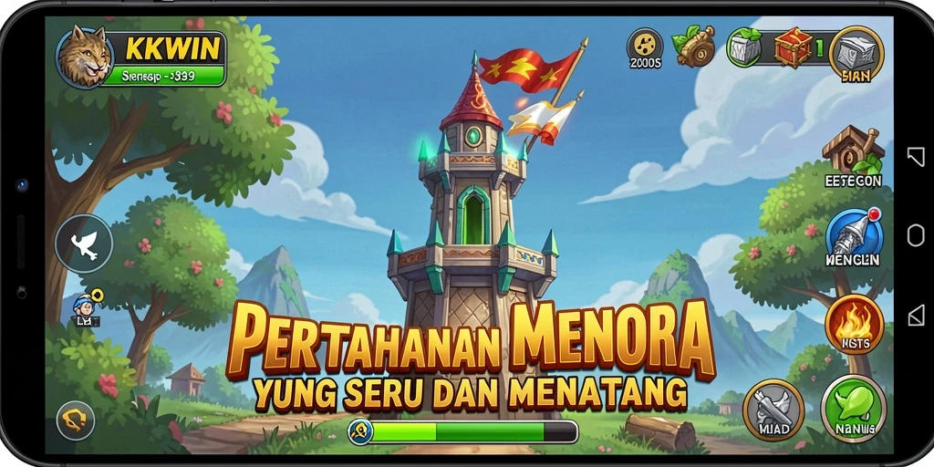 Screenshot utama KKWIN menampilkan aksi gameplay Tower Defense yang mendebarkan.