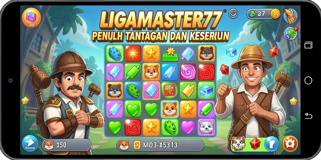 Tampilan permainan LIGAMASTER77 dengan grafis menarik dan aksi Match-3 seru.