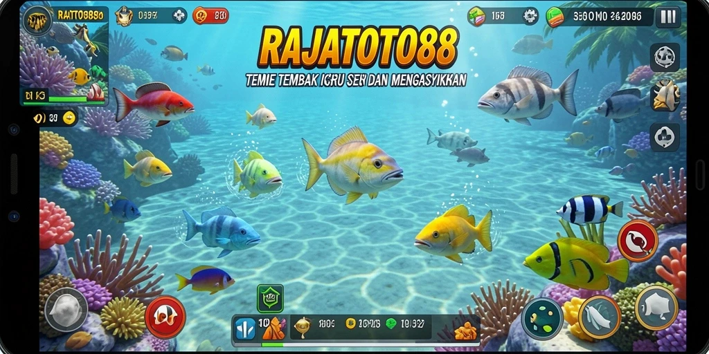 Gameplay seru RAJATOTO88 dengan menembak ikan-ikan di lautan.