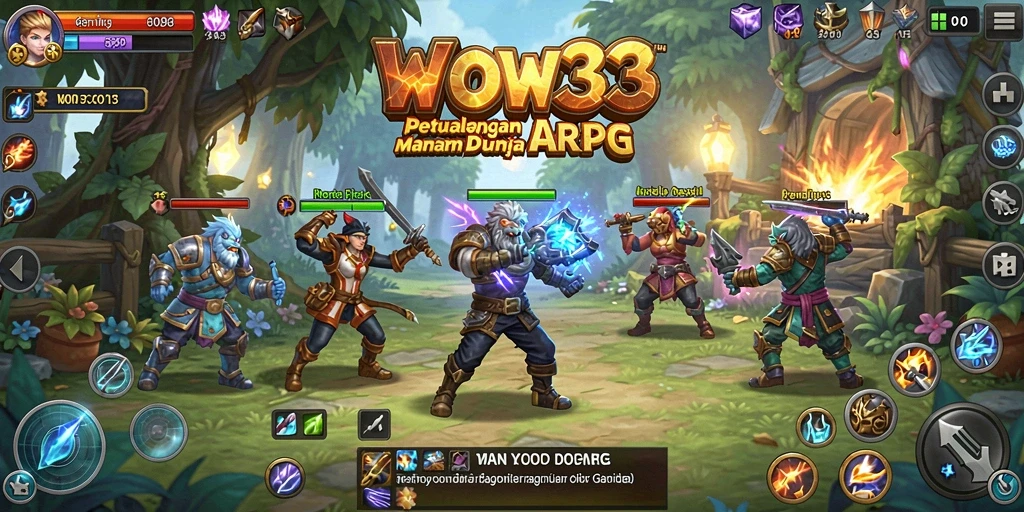 Screenshot gameplay WOW33 menampilkan pertempuran seru di dunia ARPG.